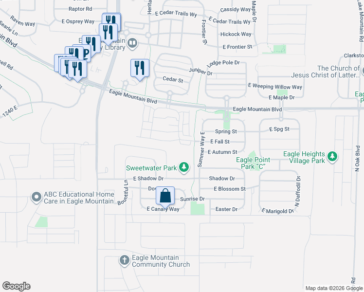 map of restaurants, bars, coffee shops, grocery stores, and more near 1880 East Thunder Lane in Eagle Mountain