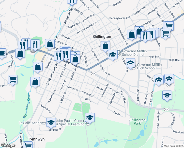 map of restaurants, bars, coffee shops, grocery stores, and more near 1 U.S. 222 Business in Shillington