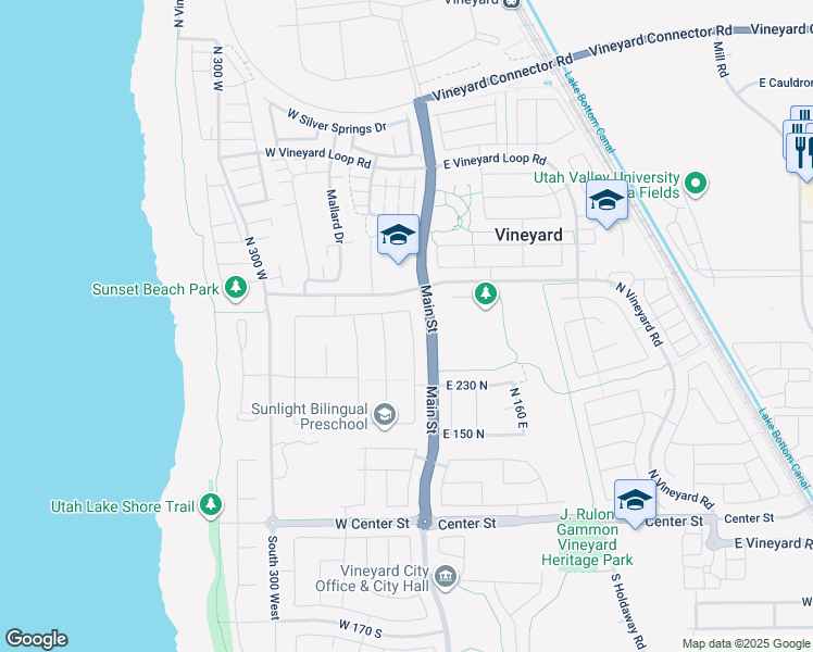 map of restaurants, bars, coffee shops, grocery stores, and more near 323 North 20 West in Vineyard