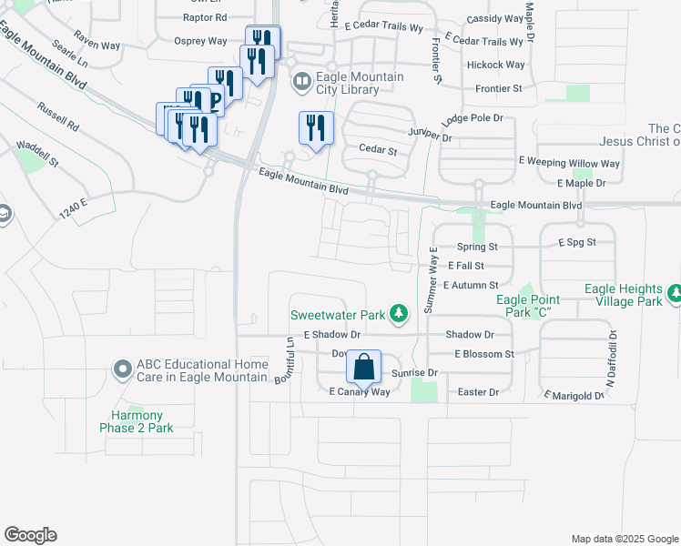 map of restaurants, bars, coffee shops, grocery stores, and more near 1745 East Tumwater Lane in Eagle Mountain