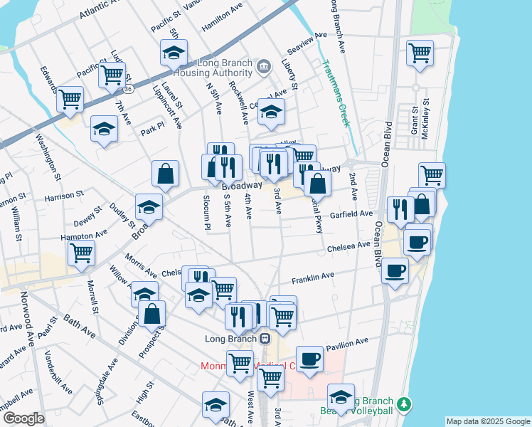 map of restaurants, bars, coffee shops, grocery stores, and more near 232 Jane Street in Long Branch