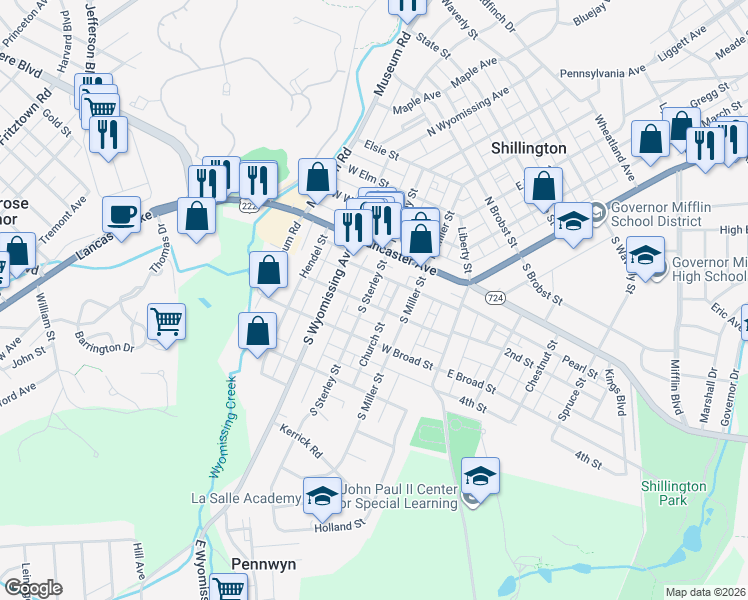 map of restaurants, bars, coffee shops, grocery stores, and more near 33 South Sterley Street in Shillington