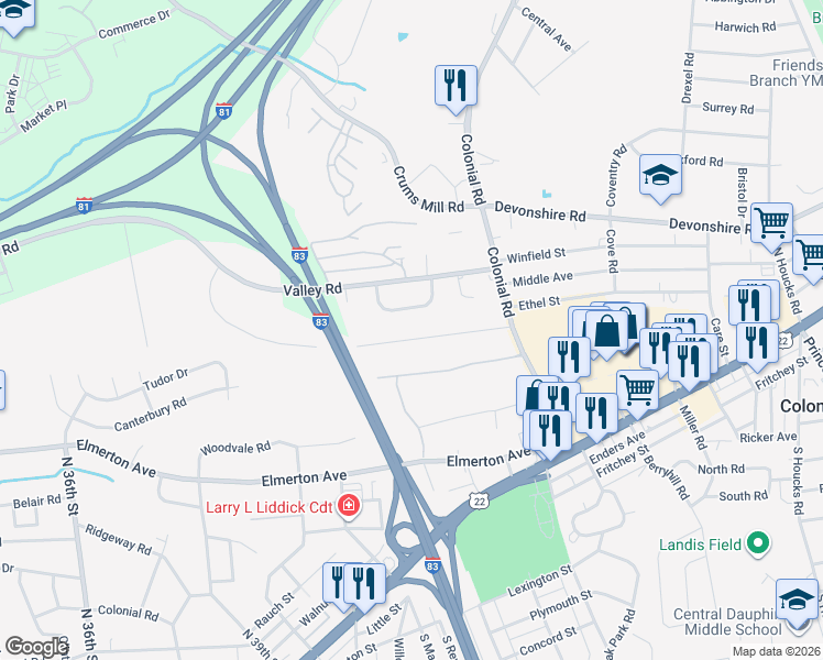 map of restaurants, bars, coffee shops, grocery stores, and more near 4117 Kimbers Road in Harrisburg