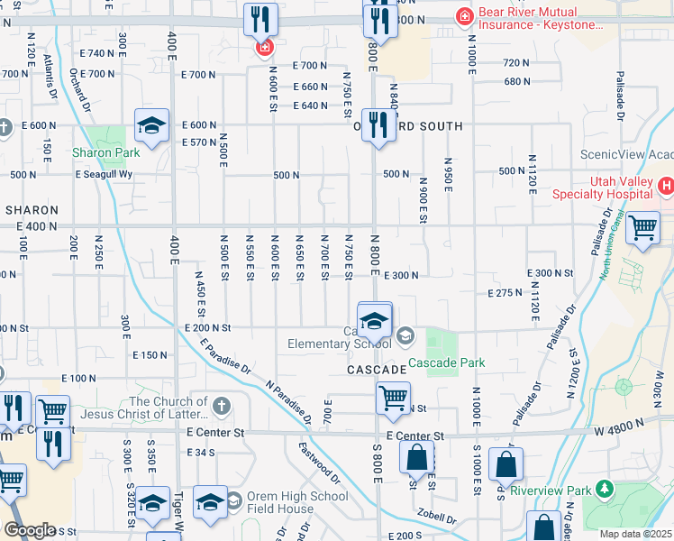map of restaurants, bars, coffee shops, grocery stores, and more near 345 North 750 East Street in Orem
