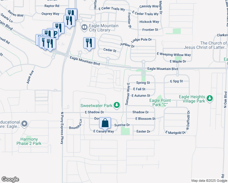 map of restaurants, bars, coffee shops, grocery stores, and more near 1843 North Cosmos Drive in Eagle Mountain