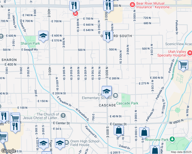 map of restaurants, bars, coffee shops, grocery stores, and more near 345 North 750 East Street in Orem