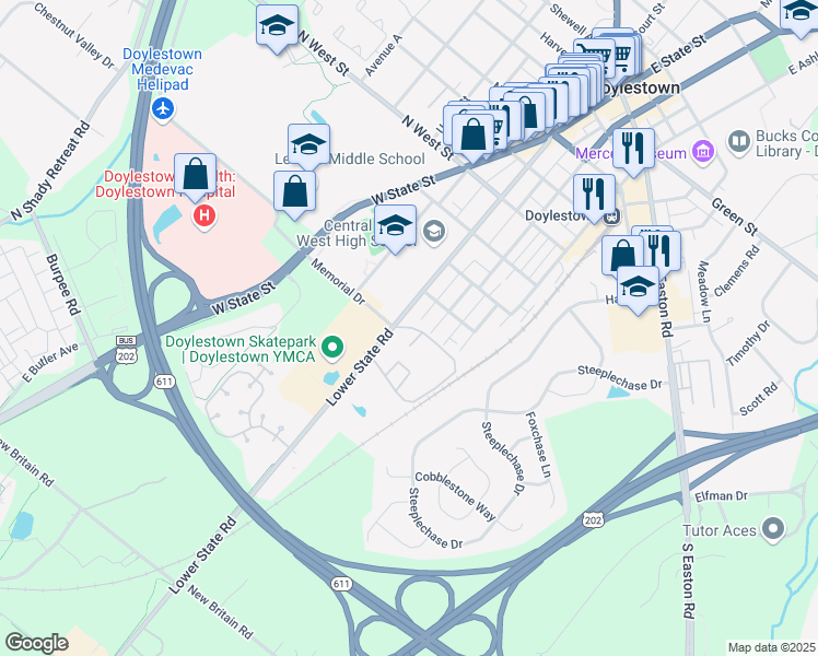 map of restaurants, bars, coffee shops, grocery stores, and more near 10 Aspen Way in Doylestown