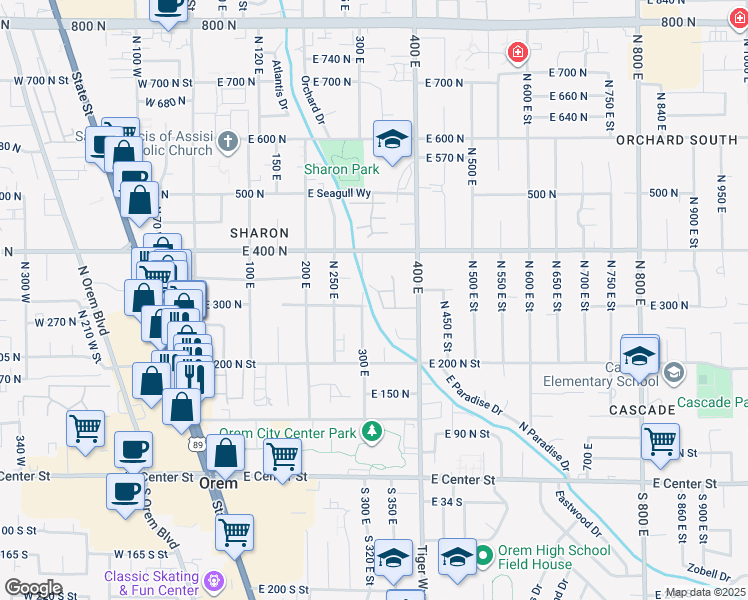map of restaurants, bars, coffee shops, grocery stores, and more near 311 North 330 East in Orem