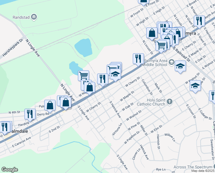 map of restaurants, bars, coffee shops, grocery stores, and more near 648 West Main Street in Palmyra
