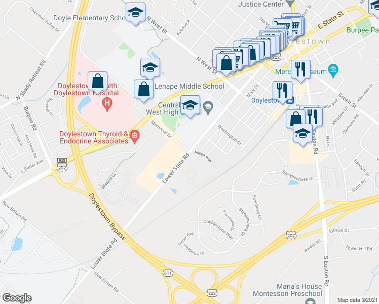 map of restaurants, bars, coffee shops, grocery stores, and more near 24 Aspen Way in Doylestown