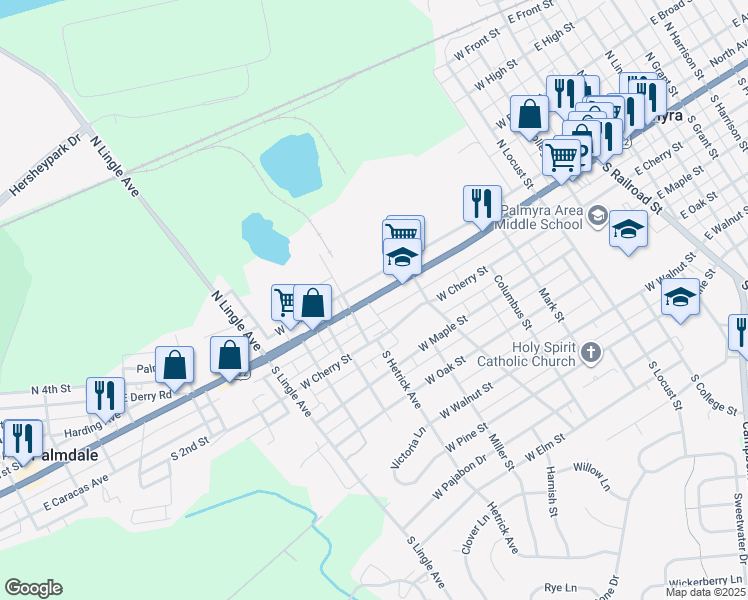 map of restaurants, bars, coffee shops, grocery stores, and more near 648 West Main Street in Palmyra