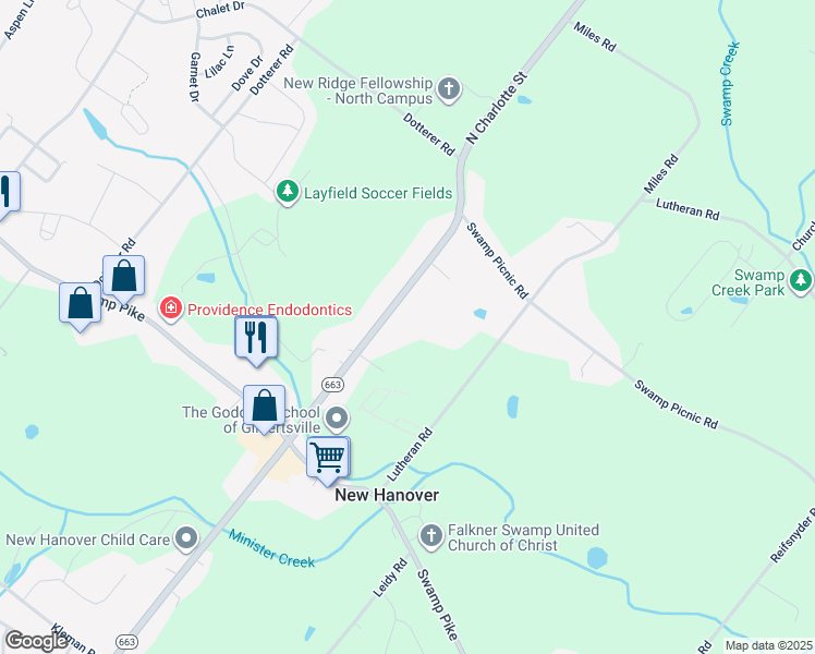 map of restaurants, bars, coffee shops, grocery stores, and more near 2970 North Charlotte Street in Gilbertsville