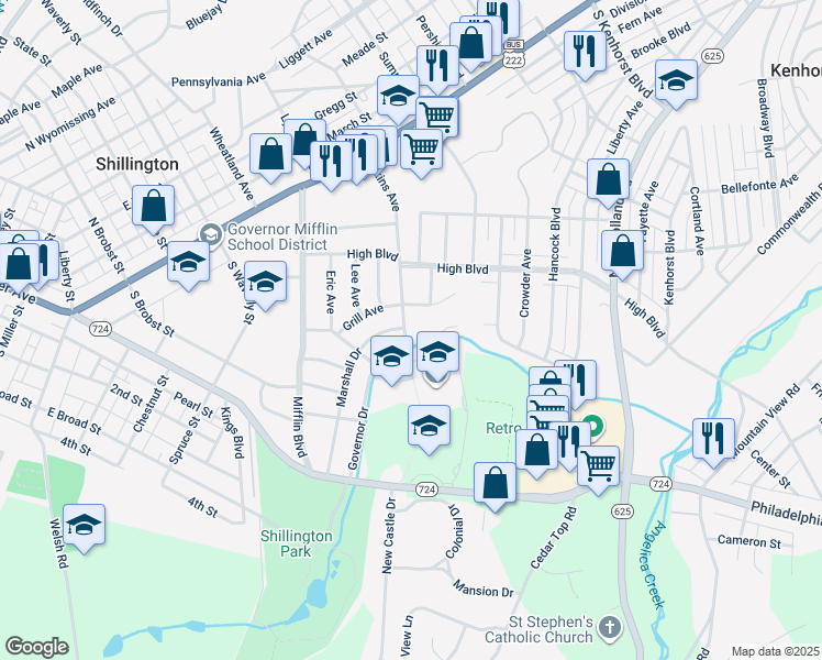 map of restaurants, bars, coffee shops, grocery stores, and more near 206 Elkins Avenue in Shillington