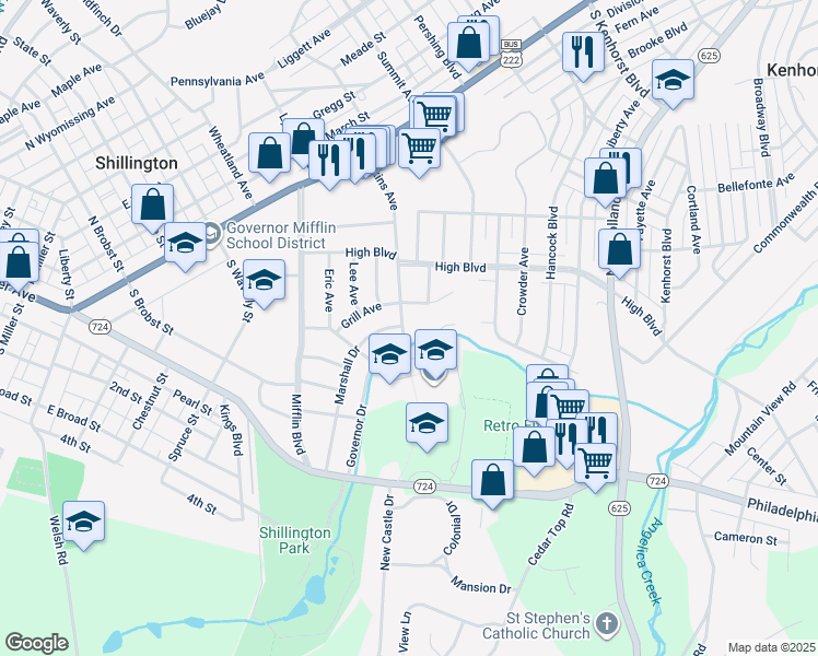 map of restaurants, bars, coffee shops, grocery stores, and more near 206 Elkins Avenue in Shillington