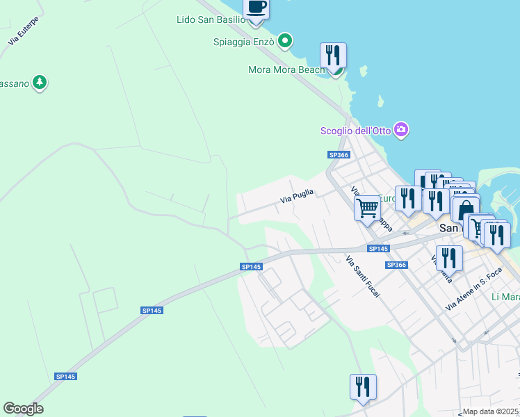 map of restaurants, bars, coffee shops, grocery stores, and more near 19 Via Puglia in San Foca