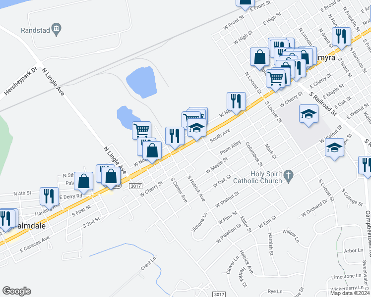 map of restaurants, bars, coffee shops, grocery stores, and more near 656 West Main Street in Palmyra