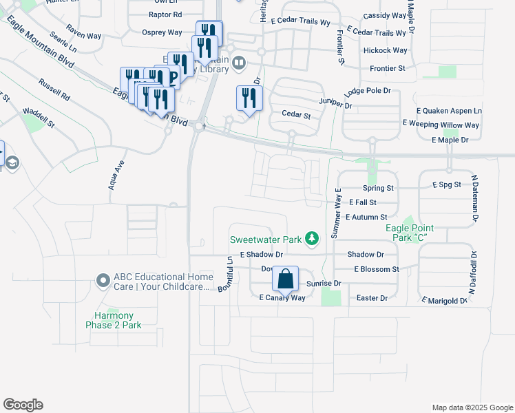 map of restaurants, bars, coffee shops, grocery stores, and more near 1705 East Tumwater Lane in Eagle Mountain