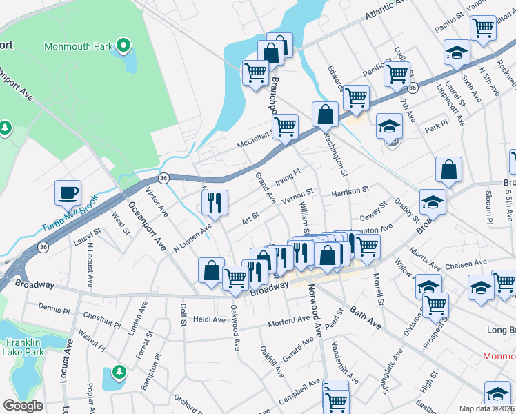 map of restaurants, bars, coffee shops, grocery stores, and more near 124 Grand Avenue in Long Branch