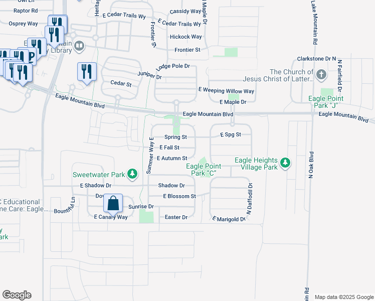 map of restaurants, bars, coffee shops, grocery stores, and more near 2142 East Fall Street in Eagle Mountain