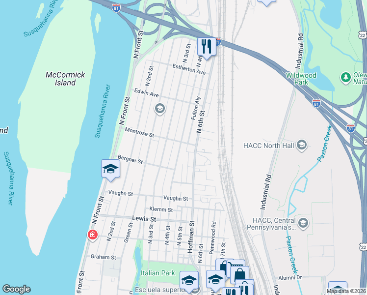 map of restaurants, bars, coffee shops, grocery stores, and more near 306 Montrose Street in Harrisburg