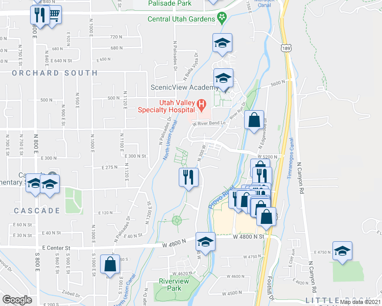 map of restaurants, bars, coffee shops, grocery stores, and more near 333 West River Park Drive in Provo