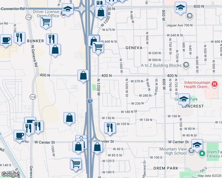 map of restaurants, bars, coffee shops, grocery stores, and more near 183 Nottingham Lane in Orem