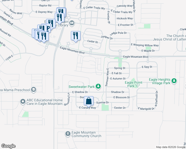 map of restaurants, bars, coffee shops, grocery stores, and more near 1843 North Cosmos Drive in Eagle Mountain