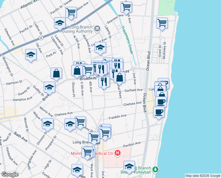 map of restaurants, bars, coffee shops, grocery stores, and more near 182 Belmont Avenue in Long Branch