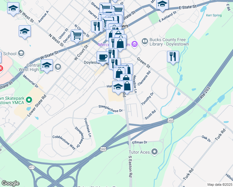 map of restaurants, bars, coffee shops, grocery stores, and more near 288 North Easton Road in Doylestown