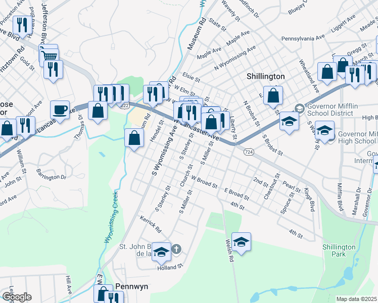 map of restaurants, bars, coffee shops, grocery stores, and more near 33 South Sterley Street in Shillington