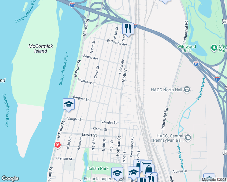 map of restaurants, bars, coffee shops, grocery stores, and more near 306 Montrose Street in Harrisburg