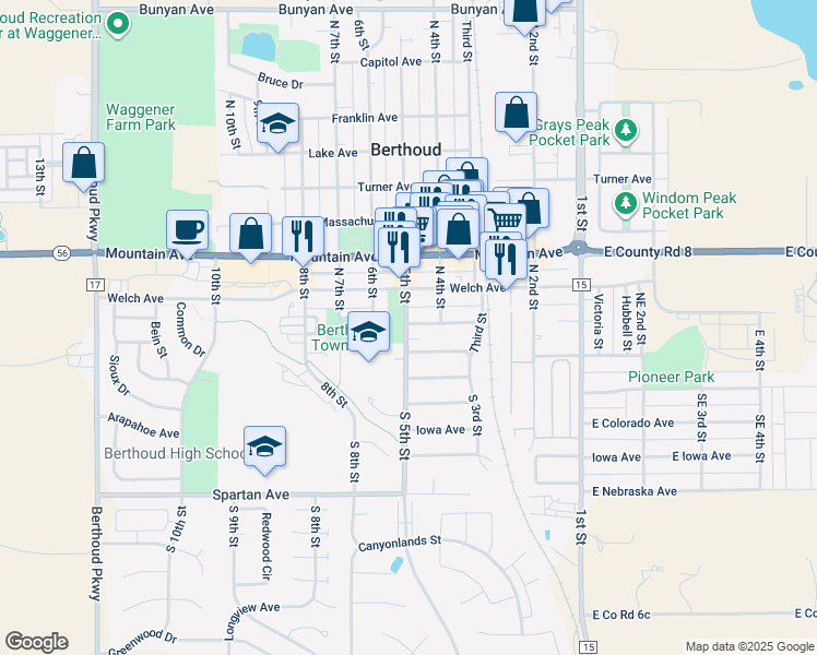 map of restaurants, bars, coffee shops, grocery stores, and more near 425 Bimson Avenue in Berthoud