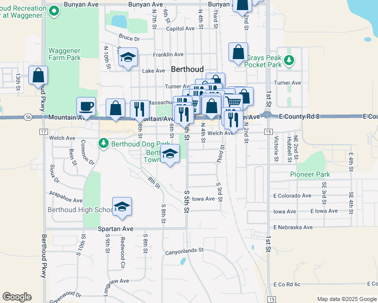 map of restaurants, bars, coffee shops, grocery stores, and more near 423 Bimson Avenue in Berthoud