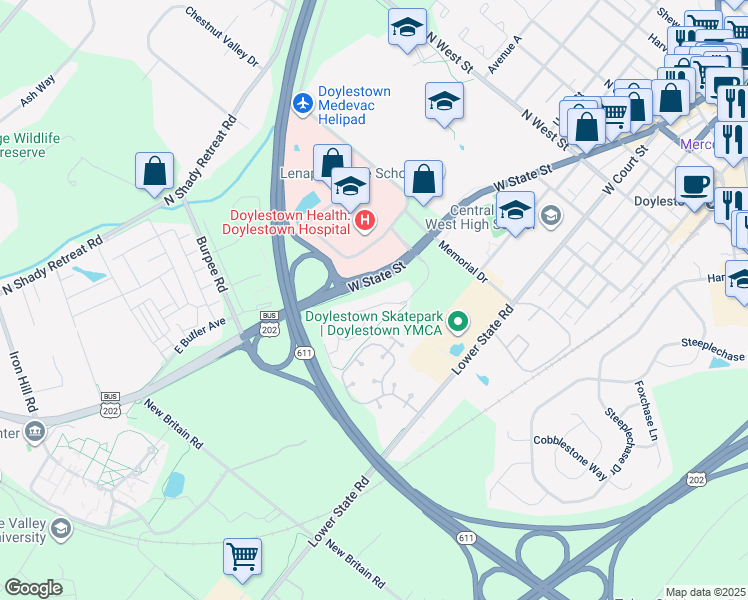 map of restaurants, bars, coffee shops, grocery stores, and more near 114 Progress Drive in Doylestown