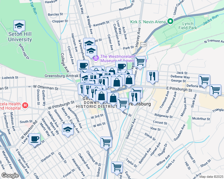 map of restaurants, bars, coffee shops, grocery stores, and more near 126 East Otterman Street in Greensburg
