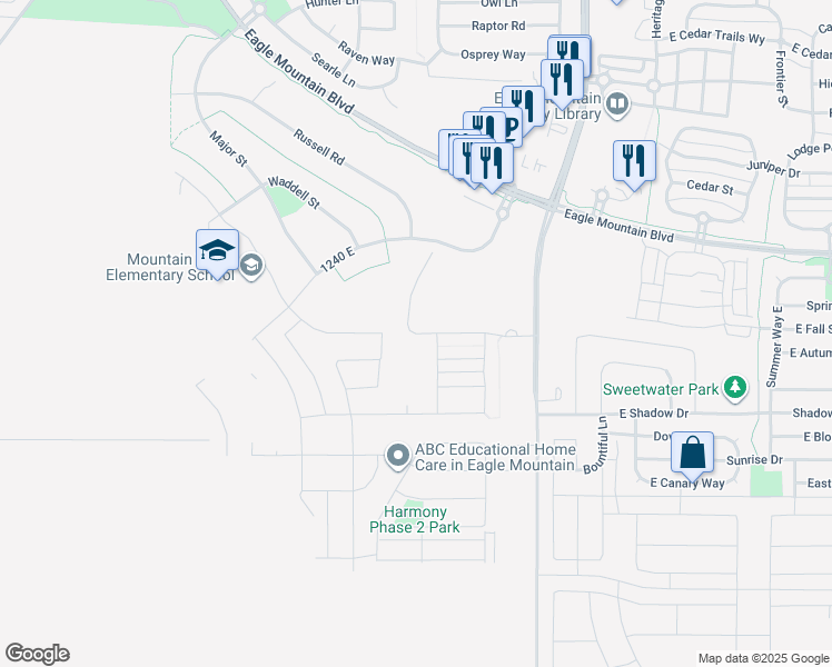map of restaurants, bars, coffee shops, grocery stores, and more near 1082 East Springwater Way in Eagle Mountain