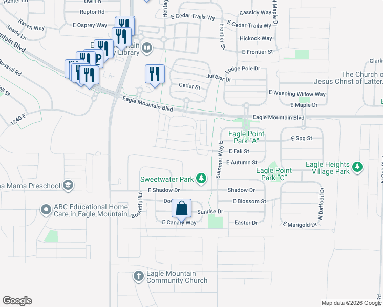 map of restaurants, bars, coffee shops, grocery stores, and more near 1846 East Fall Street in Eagle Mountain