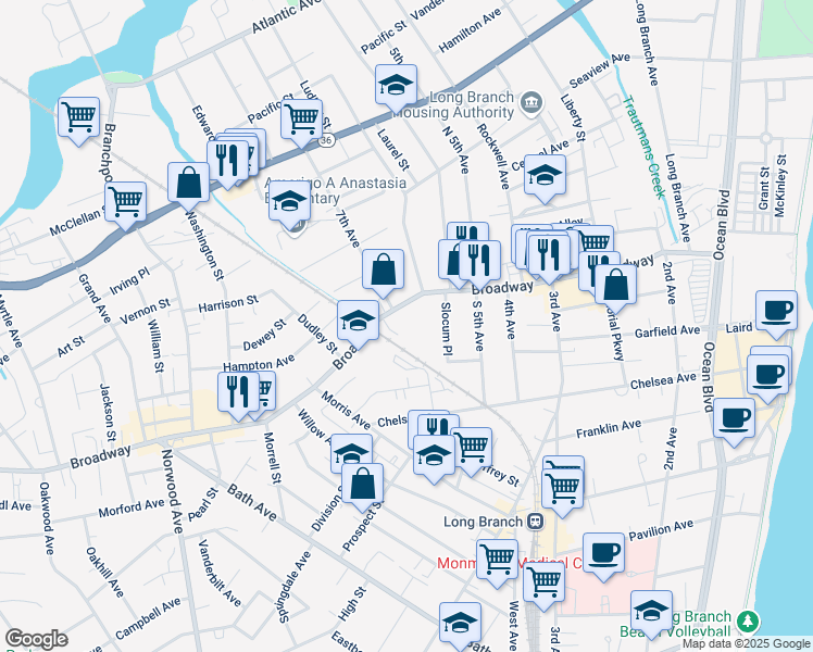 map of restaurants, bars, coffee shops, grocery stores, and more near 344 Broadway in Long Branch