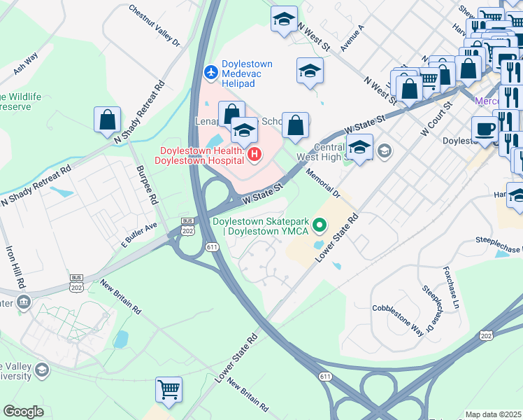 map of restaurants, bars, coffee shops, grocery stores, and more near 114 Progress Drive in Doylestown