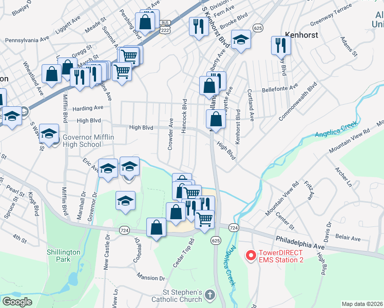 map of restaurants, bars, coffee shops, grocery stores, and more near 1736 Liberty Avenue in Reading