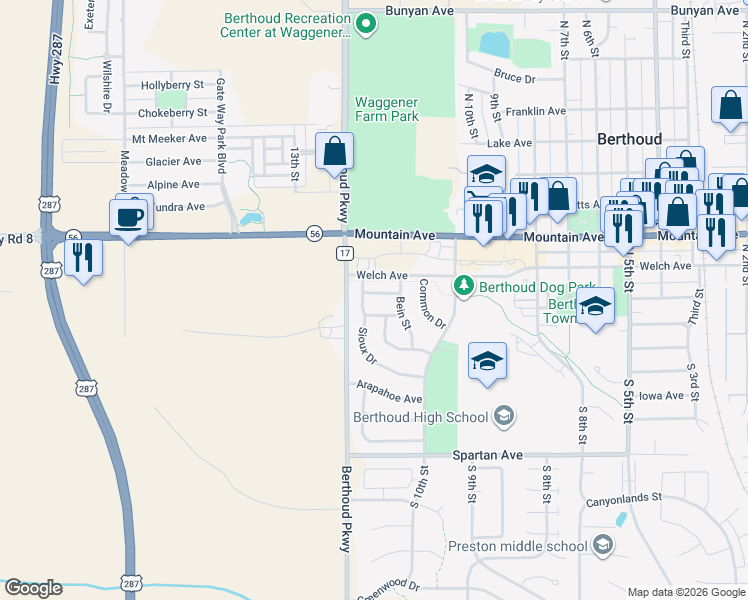 map of restaurants, bars, coffee shops, grocery stores, and more near 1110 Madison Avenue in Berthoud