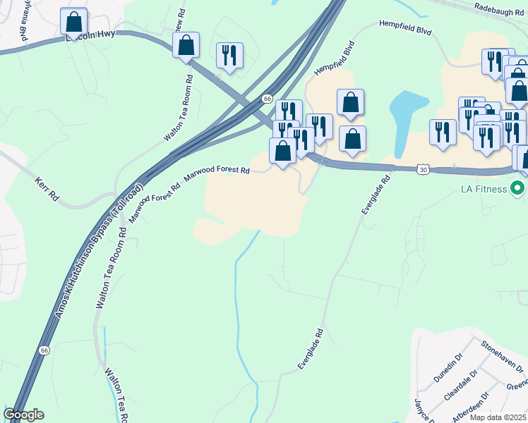 map of restaurants, bars, coffee shops, grocery stores, and more near 6206 U.S. 30 in Greensburg