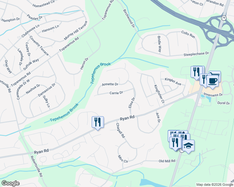 map of restaurants, bars, coffee shops, grocery stores, and more near 14 Carrie Drive in Marlboro Township