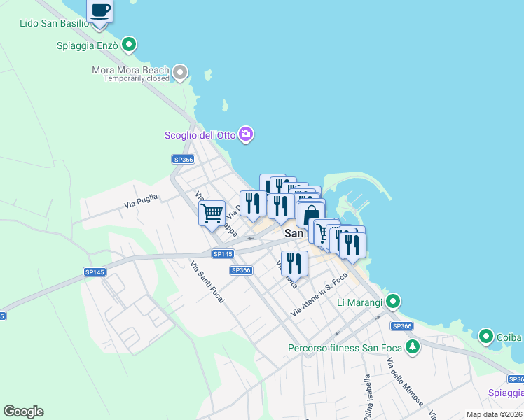 map of restaurants, bars, coffee shops, grocery stores, and more near 2 Via Duca D'Aosta in San Foca