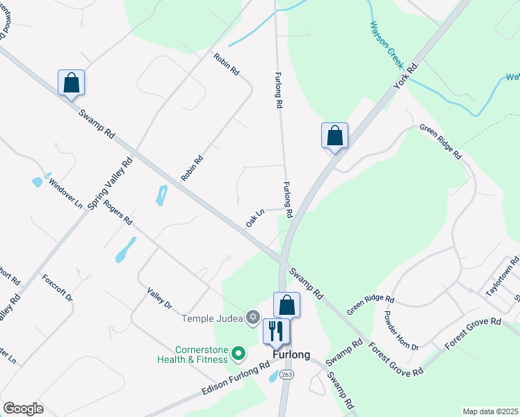 map of restaurants, bars, coffee shops, grocery stores, and more near 3648 Oak Lane in Furlong