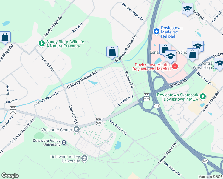 map of restaurants, bars, coffee shops, grocery stores, and more near 142 Dogwood Drive in Doylestown