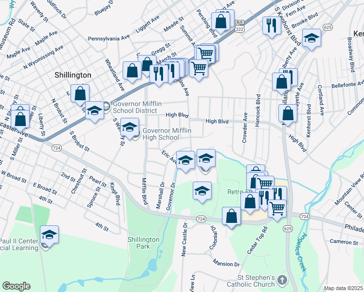 map of restaurants, bars, coffee shops, grocery stores, and more near 511 Marshall Drive in Reading