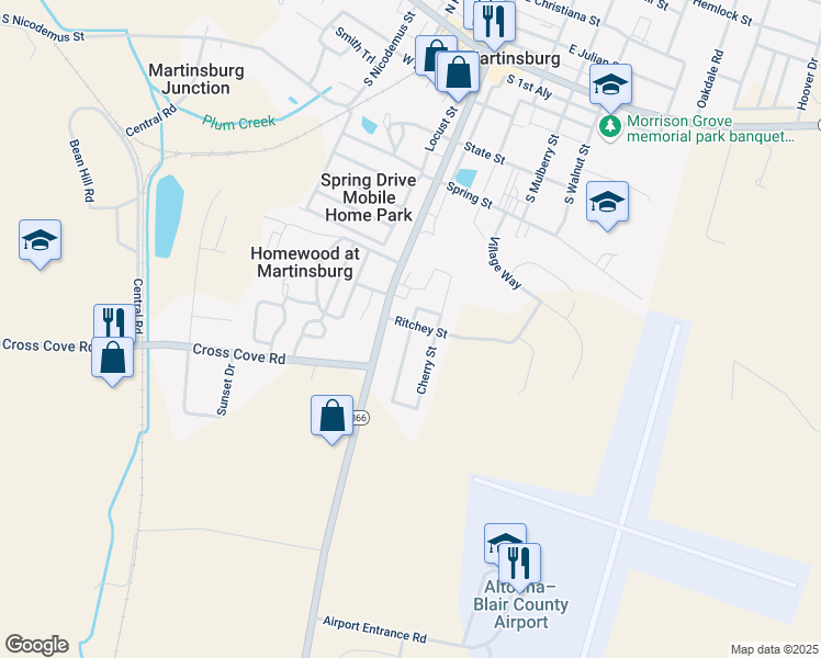 map of restaurants, bars, coffee shops, grocery stores, and more near 504 Hershberger Street in Martinsburg