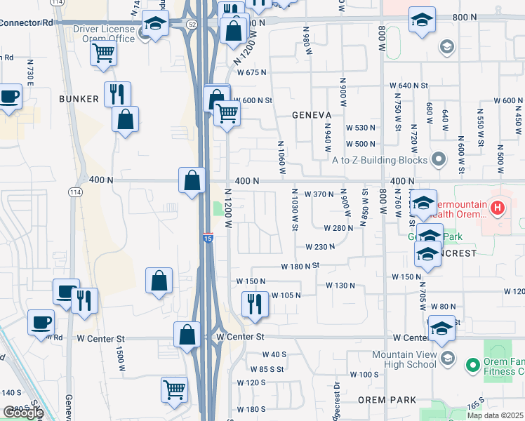 map of restaurants, bars, coffee shops, grocery stores, and more near 222 North 1200 West in Orem