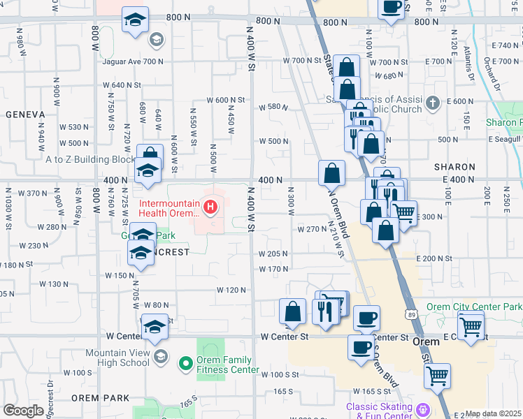 map of restaurants, bars, coffee shops, grocery stores, and more near 346 400 North in Orem